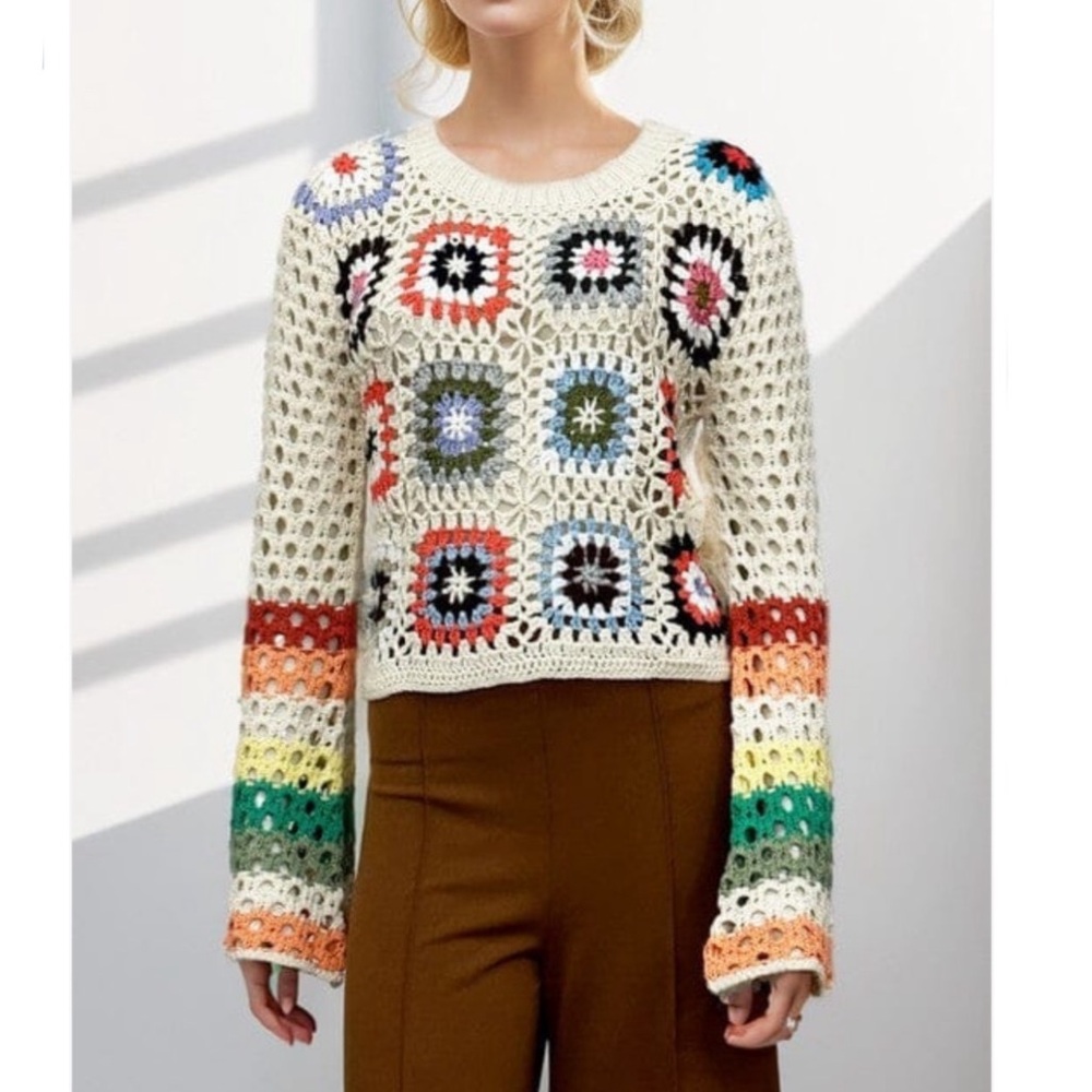 Floral Multi Color Granny Square Crochet Striped Bell Sleeve Cardigan Sweater S - Picture 9 of 10